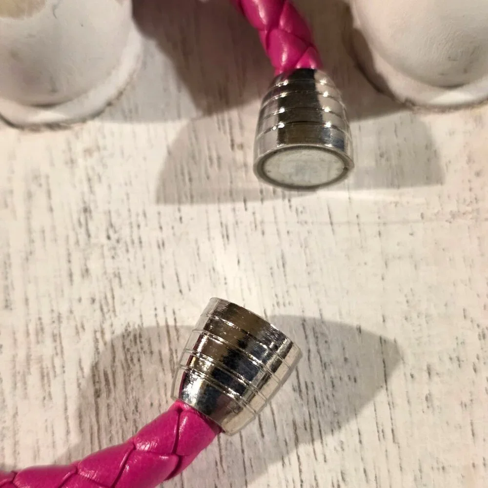 Braided Thick Dark Pink Vegan Leather Magnetic Clasp Bangle Bracelet